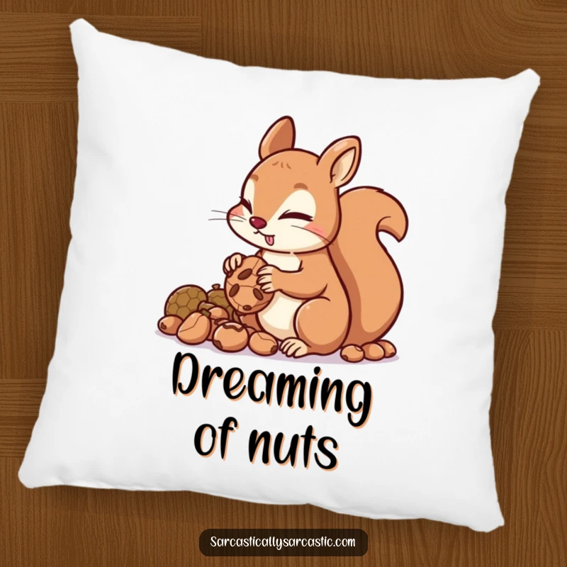 Funny squirrel pillow showing a mischievous character hoarding nuts, offering comfort with a playful and cunning touch.