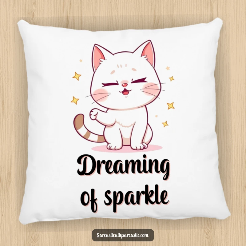 Funny pillow featuring a mischievous cat winking and juggling sparkly objects, perfect for playful comfort.
