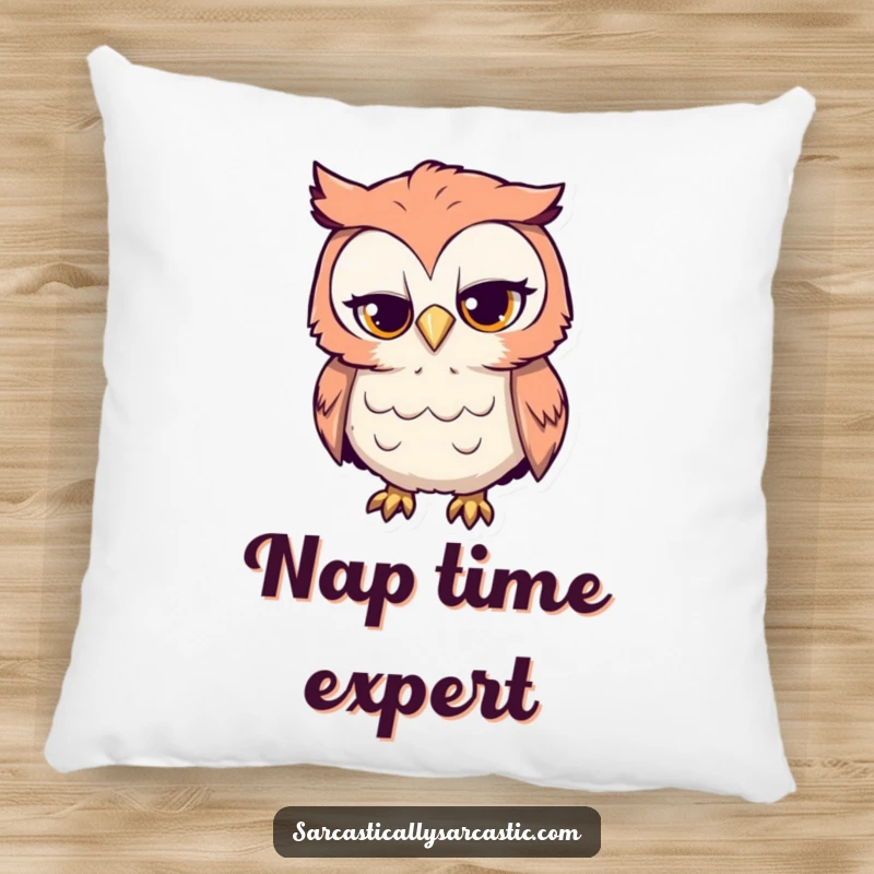 Funny decorative pillow featuring a curious owl with a sarcastic head tilt, adding witty charm to sofas.