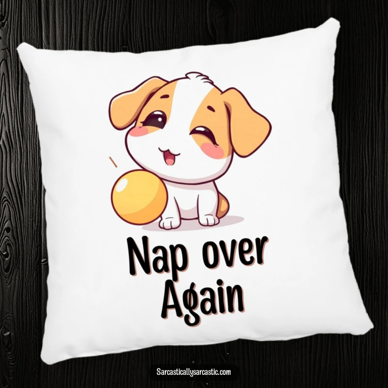 Funny dog pillow featuring a playful eye-roll at a falling ball, providing humorous comfort and capturing the essence of doggy drama.