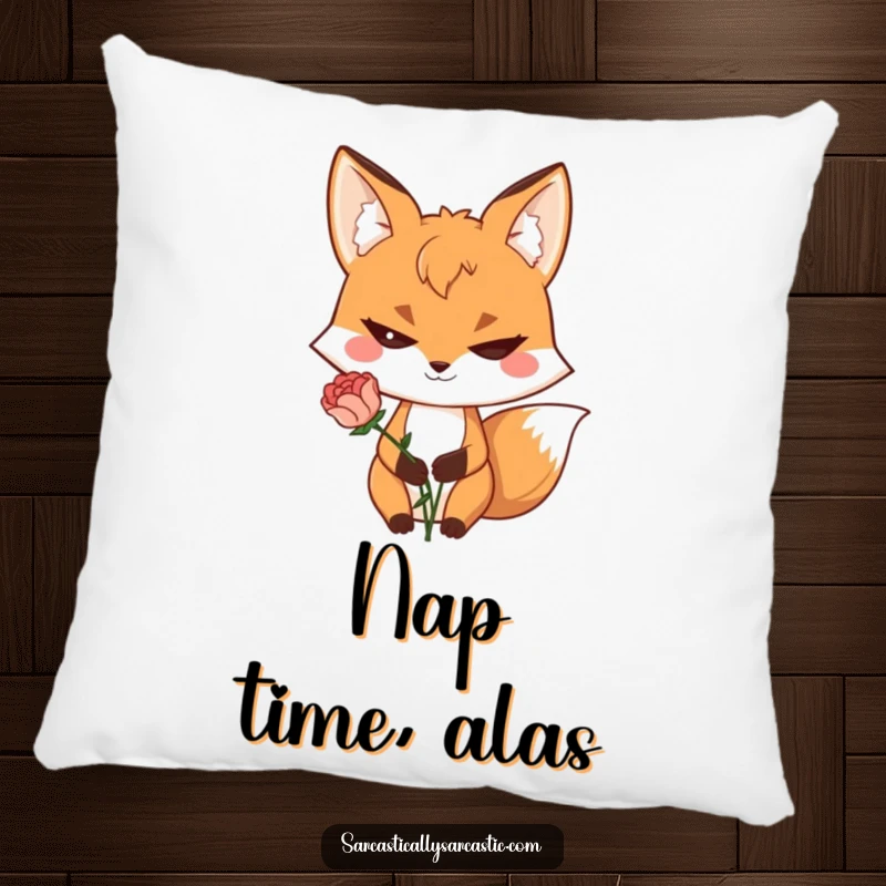 Funny pillow featuring a sly fox with a cheeky grin holding a wilted flower, designed for cozy humor.