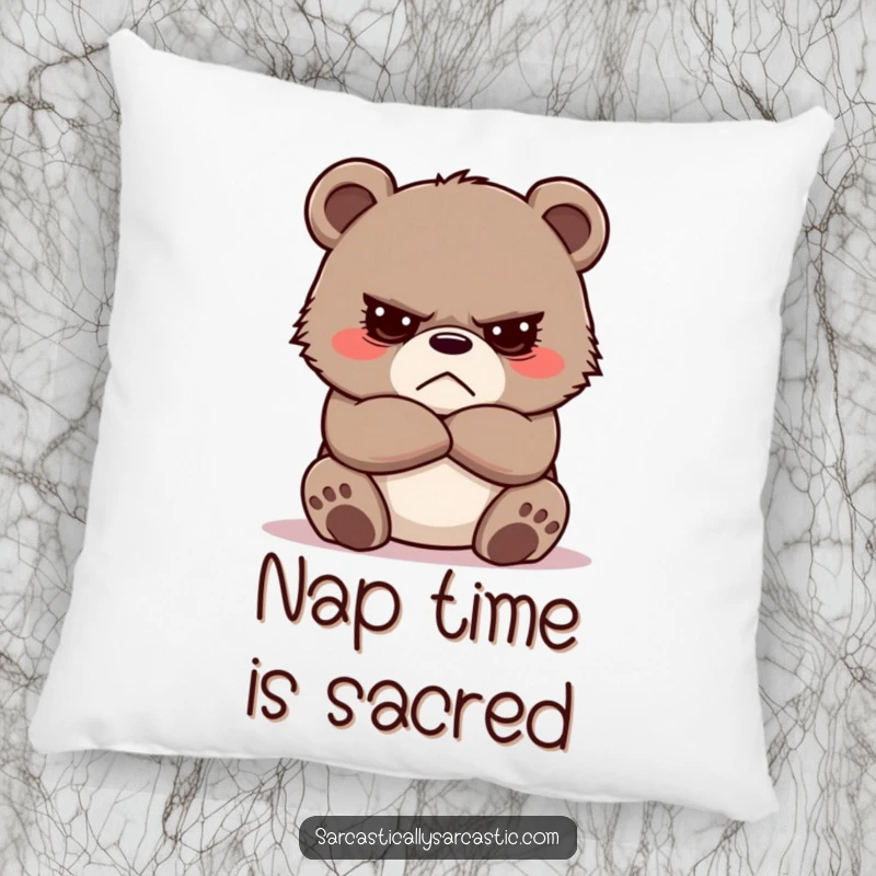Funny Grumpy Bear Cub Pillow with a cute, cross-armed cub, offering plush comfort and a humorous decorative accent.