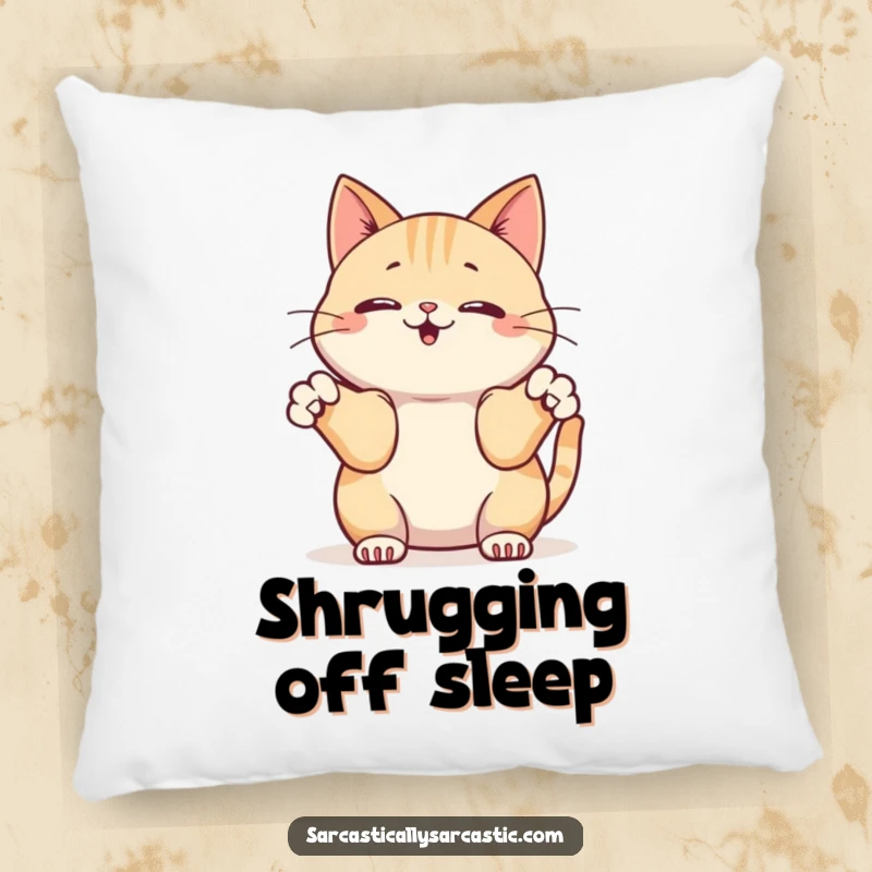 Funny pillow with a kawaii cat innocently shrugging its front paws, soft and humorous feline decor.