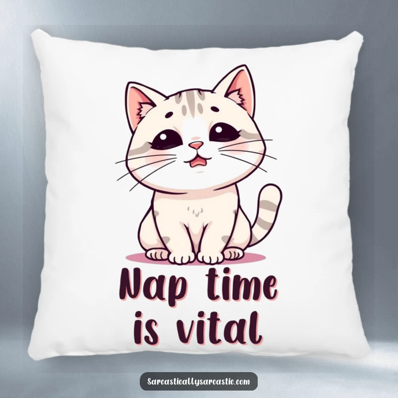 Funny pillow featuring a kawaii cat caught mid-dramatic sigh, offering a soft, humorous accent for sofas and beds.