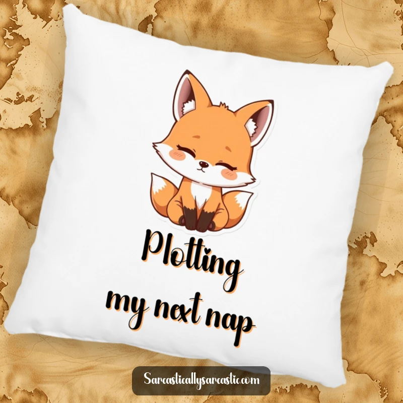 Funny kawaii fox pillow with a cute head tilt and a hint of amusement, perfect for a comfy and funny gift.