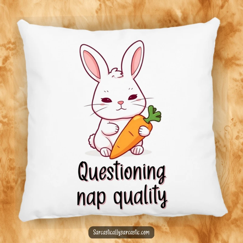 Funny Rabbit Pillow: A soft pillow showcasing a rabbit raising an eyebrow skeptically at a carrot.
