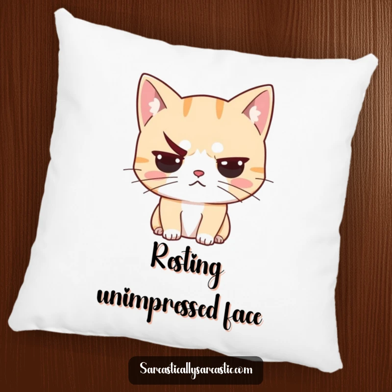 Funny unimpressed cat pillow featuring a cat with a raised eyebrow, exuding skepticism and a judgmental aura, perfect for cozying up.