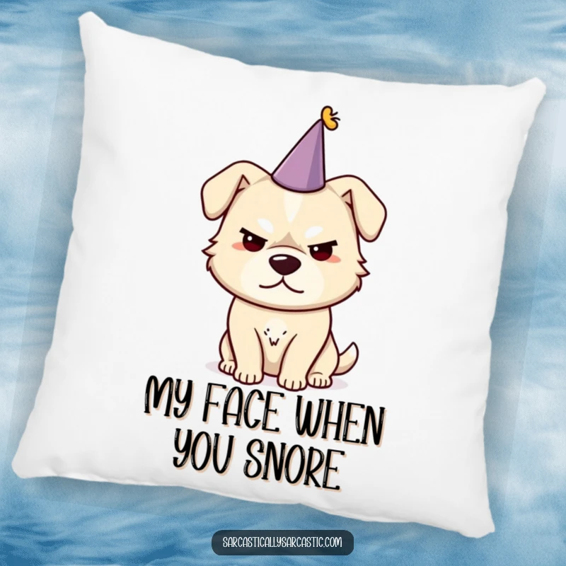 Funny dog pillow with a sarcastic smirk and a tiny party hat, perfect for adding humor to any room.
