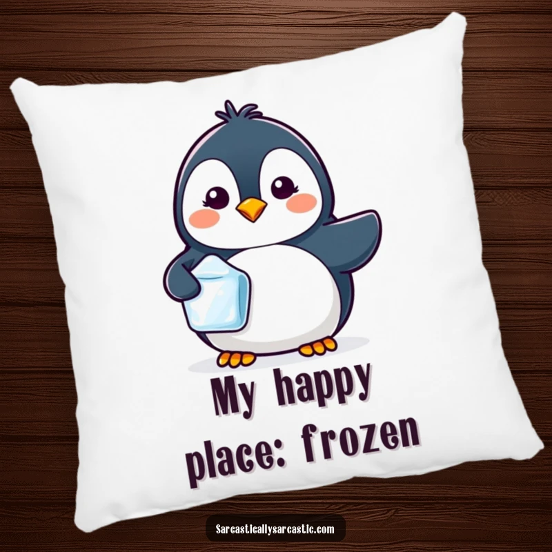 Funny pillow with a soft kawaii penguin character, a tiny smirk, and a single ice cube.