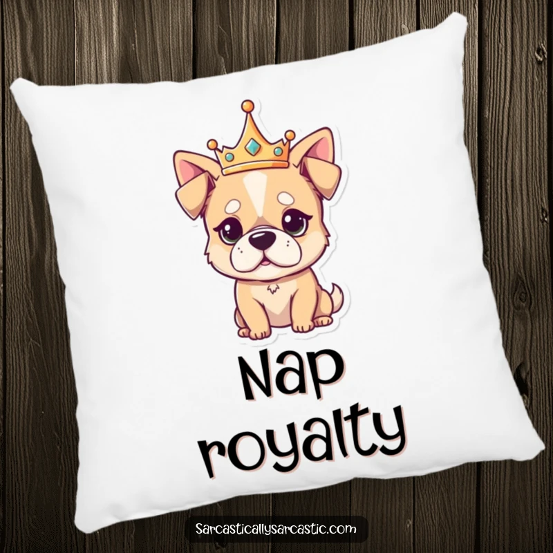 Funny Pillow with a kawaii dog in a tiny crown, sporting an unimpressed expression, adding a soft and sassy touch.