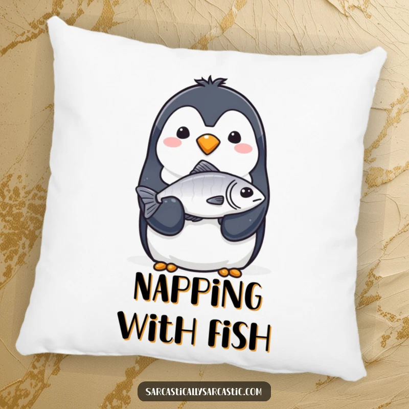 Funny Pillow: A penguin with a completely straight face solemnly offers a single, slightly limp fish with its flipper.
