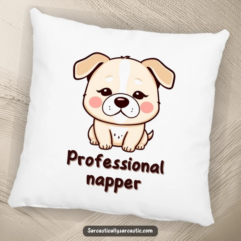 Funny kawaii dog pillow, delightfully soft, showing a character’s deadpan expression with slightly droopy ears.