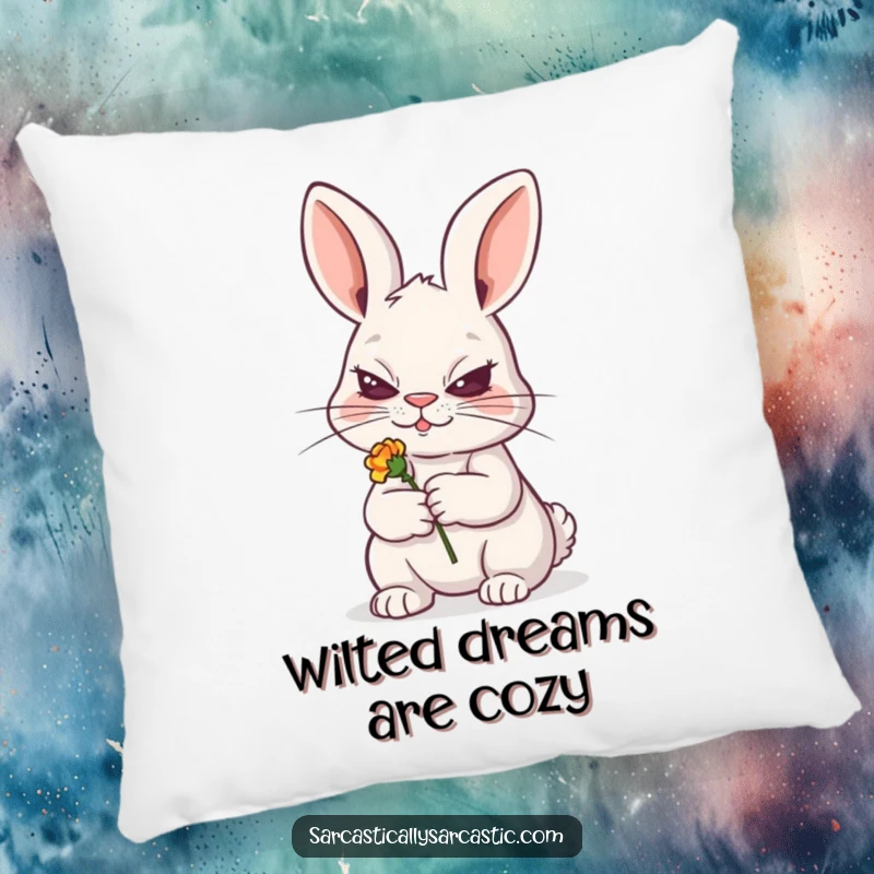 Funny pillow featuring a sly rabbit grinning and holding a wilted flower, soft, cozy, and funny gift.
