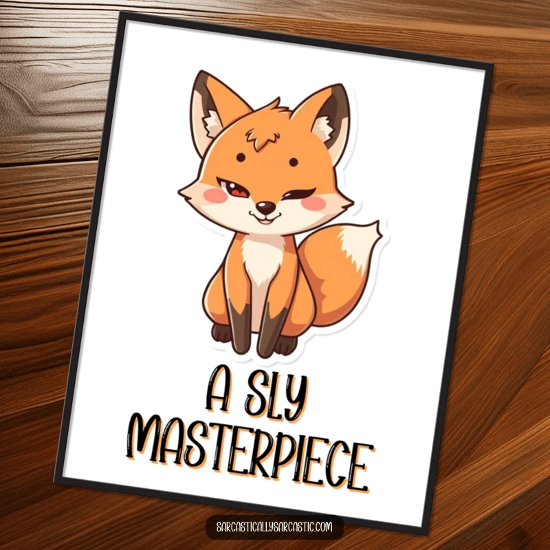 Funny digital art print of a playful fox with a sly grin and its tail subtly wagging, symbolizing cunning.