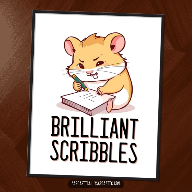 Funny digital art print of a hamster furiously scribbling on a tiny notepad with a smirk, for instant creative decor.