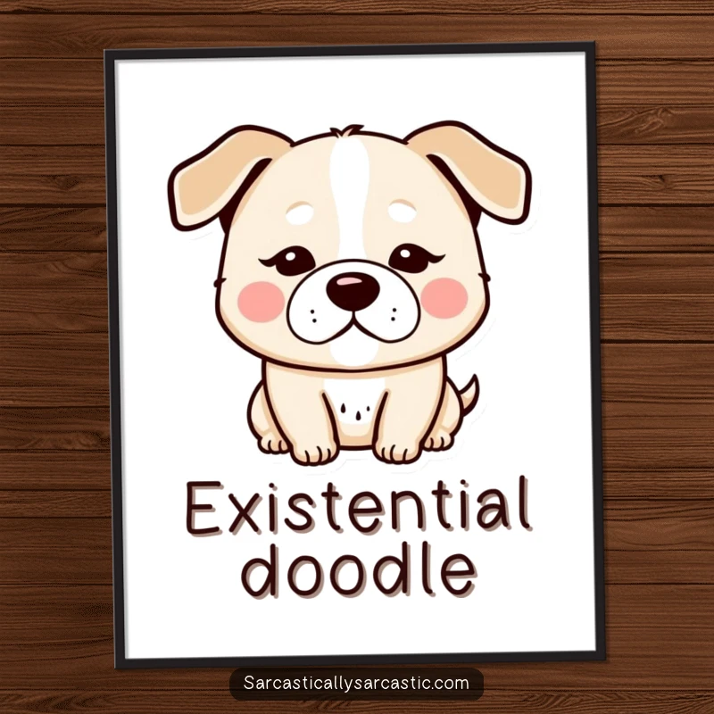 Funny kawaii dog digital art print, featuring a character’s deadpan expression and droopy ears, full of subtle humor.