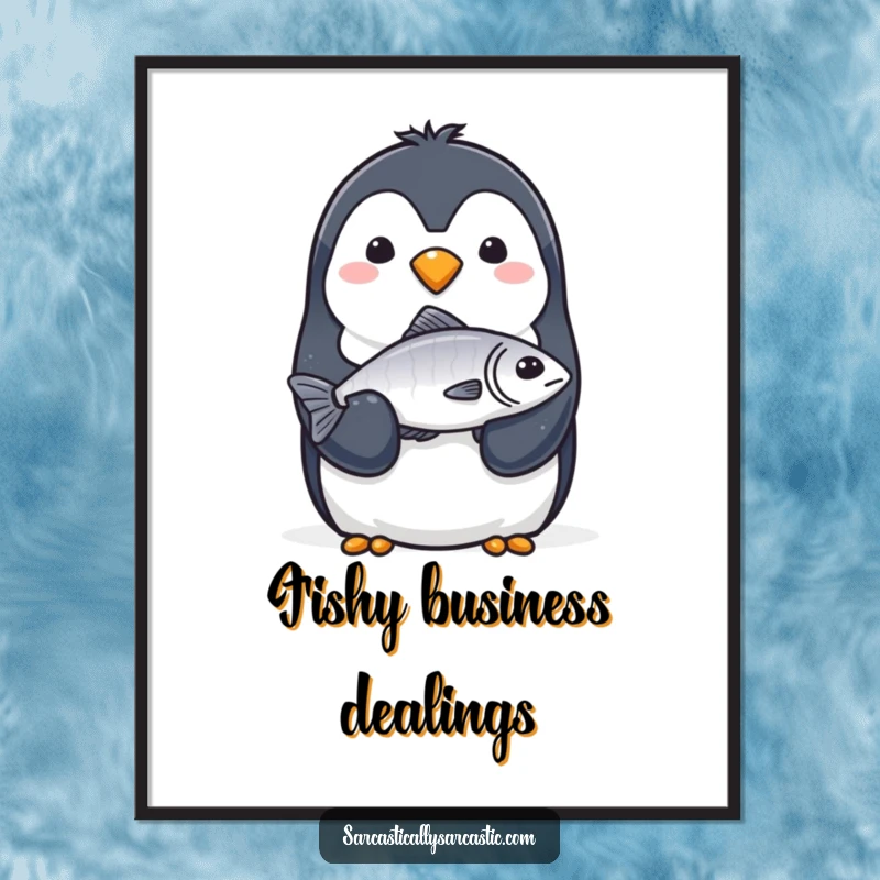 Funny Digital Art Print: A penguin with a completely straight face solemnly offers a single, slightly limp fish with its flipper.