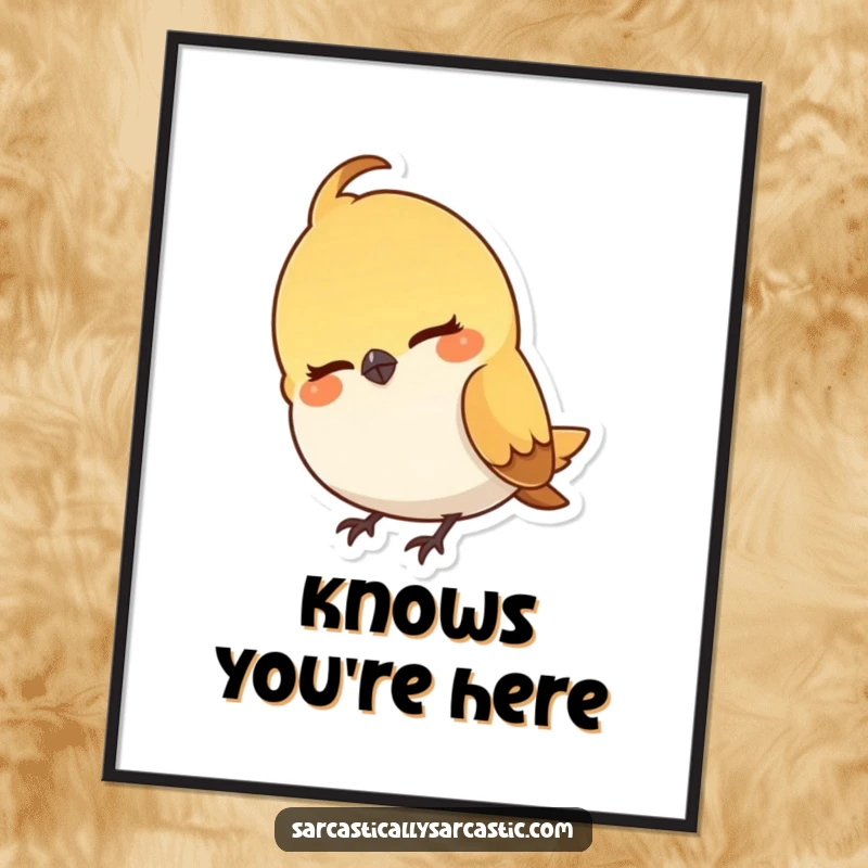 Funny digital art print of a small bird character cocking its head with a subtle, knowing, and mischievous smirk.