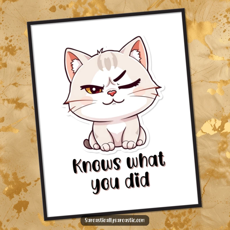 Funny cat character art print, downloadable for instant display, smirking with a raised eyebrow for a touch of feline confidence.
