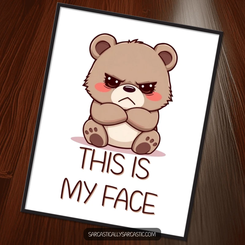 Funny Grumpy Bear Cub Digital Art Print, a digital download of a cute cub with crossed arms, exuding hilarious, cross-armed disapproval.