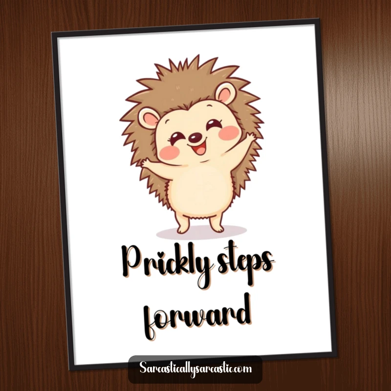 Funny hedgehog digital art print of a happy, spiky creature doing a comical dance, offering instant downloadable joy and humor.