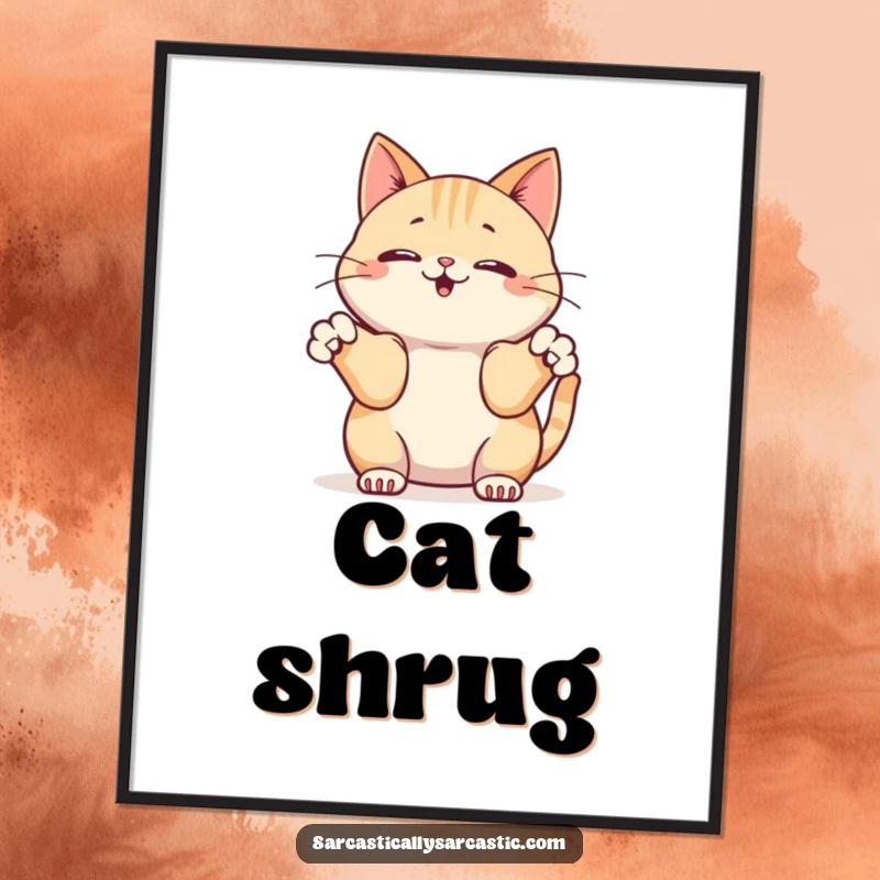 Funny digital art print of a kawaii cat innocently shrugging its front paws, whimsical and humorous wall decor.