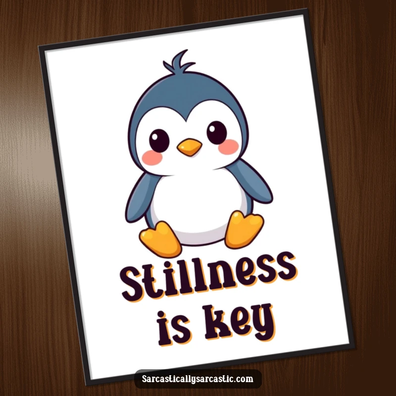 Funny kawaii penguin digital art print featuring a stoic, straight face, perfect for wall decor, a funny gift.