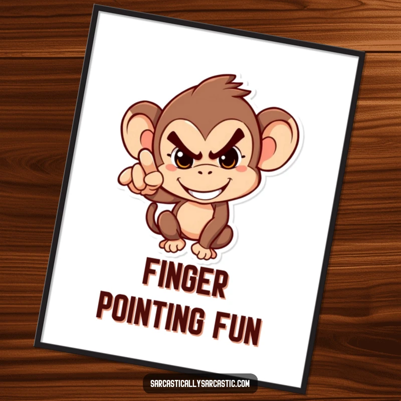 Funny Digital Art Print: Mischievous monkey grinning and pointing accusingly, a humorous piece for playfully energetic wall decor.