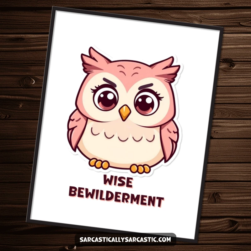 Funny digital art print of a curious owl with a tilted head, perfect for thoughtful wall decor.