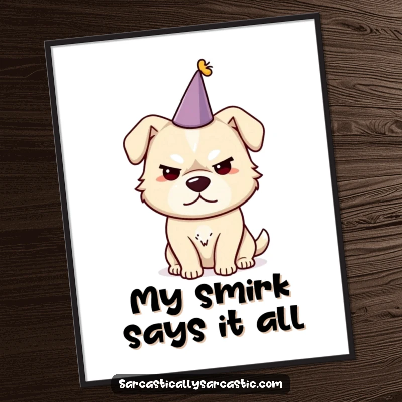 Funny digital art print of a dog with a sarcastic smirk wearing a tiny party hat, perfect for wall decor.