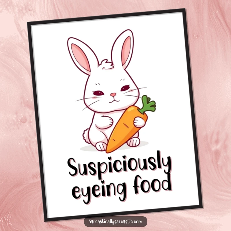 Funny Rabbit Digital Art Print: A rabbit raises an eyebrow skeptically at a carrot, perfect for instant humorous decor.