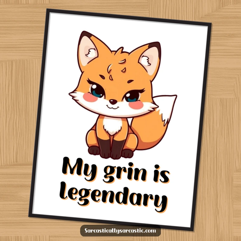 Funny digital art print of a sly fox character with a mischievous grin and wagging tail, perfect for instant download and printing, adding charm.