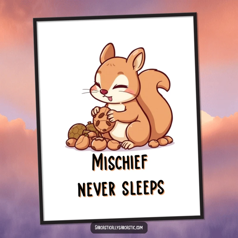 Funny squirrel digital art print of a mischievous character hoarding nuts, offering instant downloadable humor and a clever aesthetic.