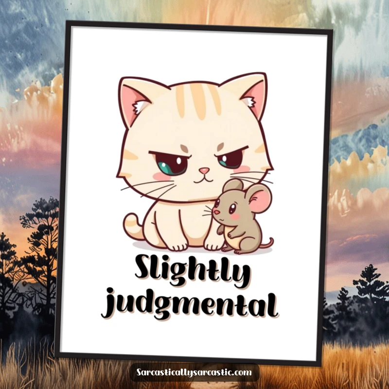 Funny Unimpressed Cat Digital Art Print of a cat character with a raised eyebrow looking unimpressed at a toy mouse, witty funny art.