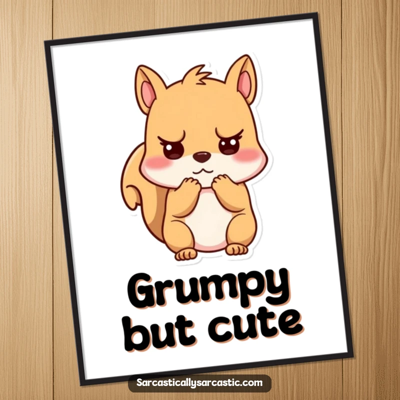 Funny unimpressed kawaii squirrel digital art print, character clutching cheeks with a unimpressed expression, high-resolution for printing.