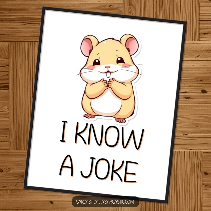 Funny kawaii hamster digital art print with a paw to mouth, stifling a smile, perfect for wall decor, a funny gift.