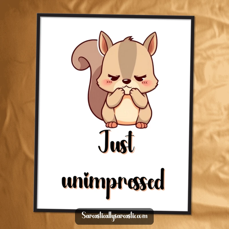 Funny kawaii squirrel digital art print, depicting a cute unimpressed character clutching cheeks for instant wall decor.