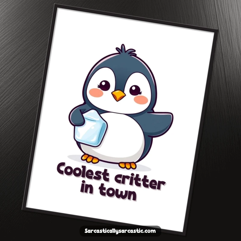 Funny digital art print of a kawaii penguin with a tiny smirk, holding a single ice cube.