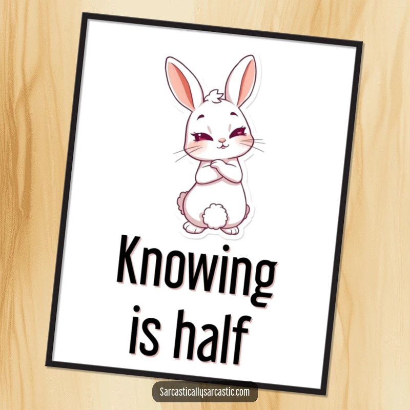 Funny knowing rabbit digital art print of a rabbit leaning back with a knowing smirk, conveying charm, intelligence, and playful mystery.