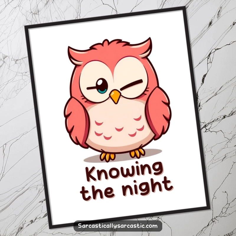 Funny digital art print of an owl with one eye partially closed, looking knowingly, perfect for wall art.