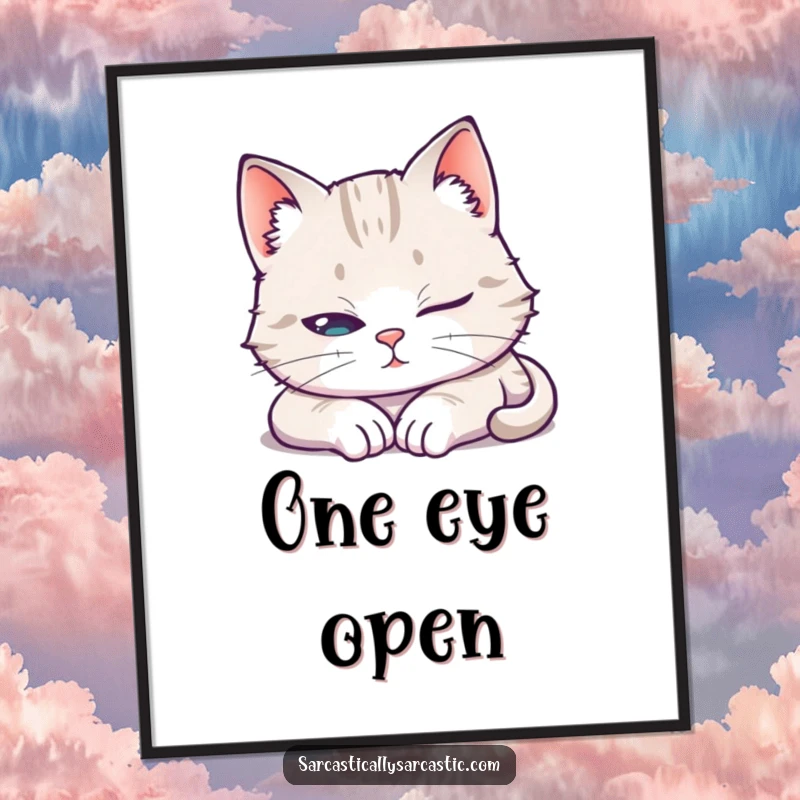 Funny Digital Art Print of a cat pretending to sleep with one eye open, providing instant humorous and watchful wall decor.