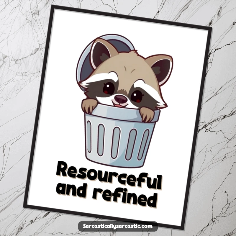 Funny digital art print of a cheerful raccoon peeking from a trash can with a mischievous smirk, perfect for instant download and printing, adding charm.