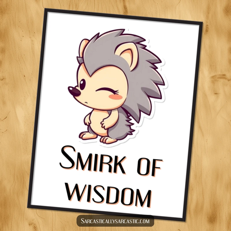 Funny digital art print of a hedgehog character looking sideways with a distinct smirk, evoking playful mischief and sly charm.