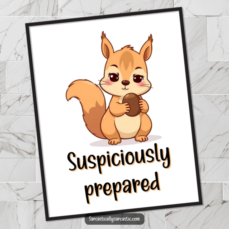 Funny digital art print of a skeptical squirrel holding a nut with a dubious expression.