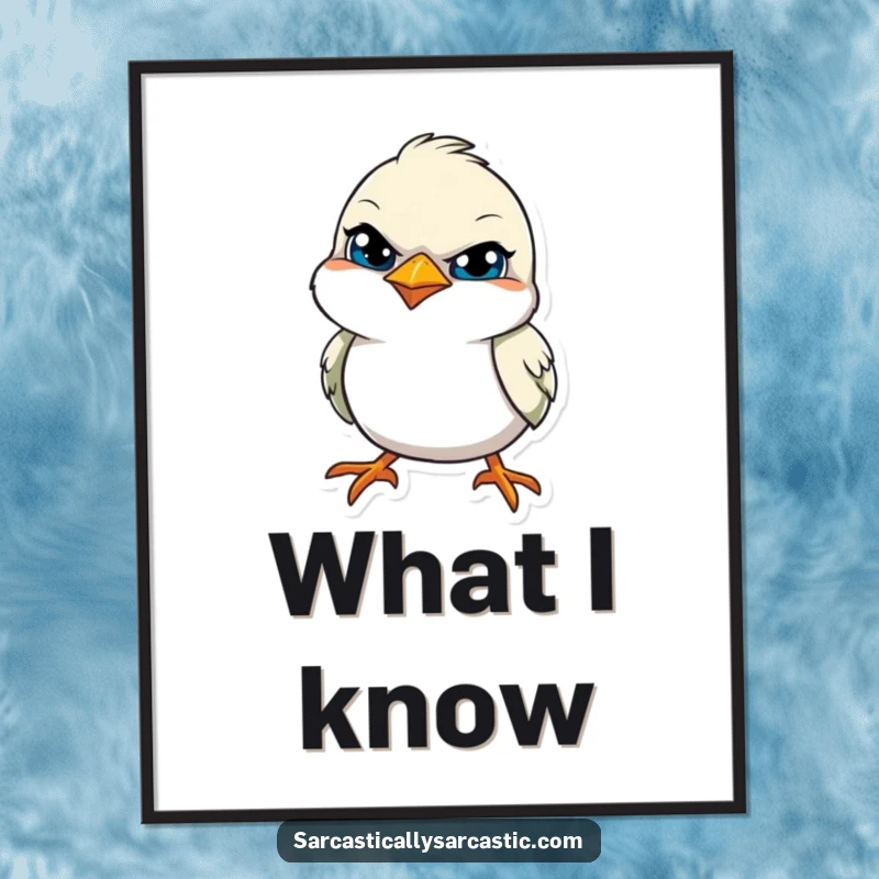 Funny digital art print of a bird with a tilted head and a knowing, sly smile, for instant witty decor.