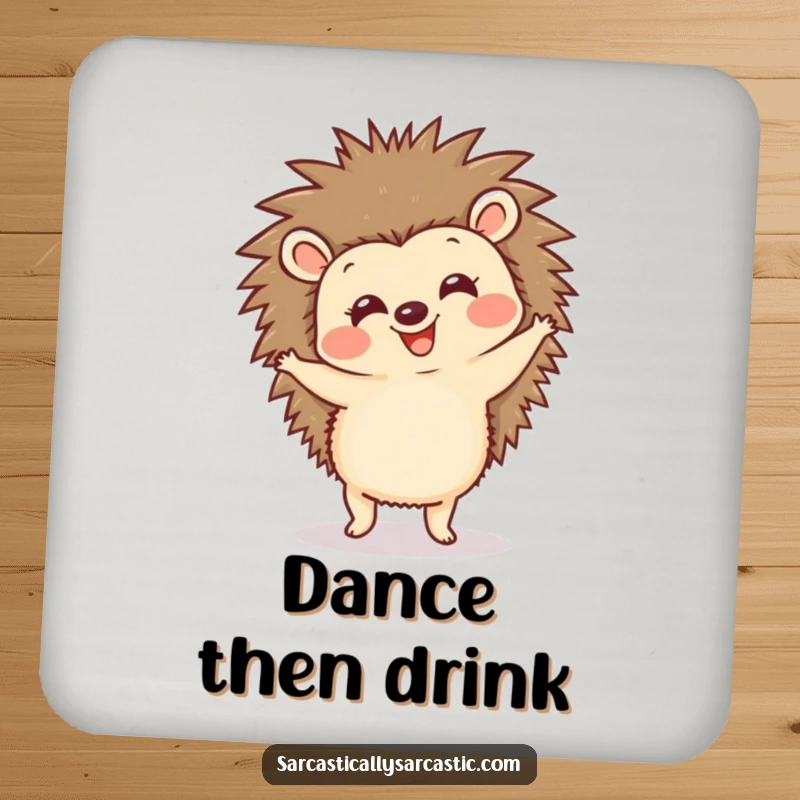 Funny hedgehog coaster with a happy, spiky animal doing a comical dance, protecting surfaces with a cheerful and humorous touch.