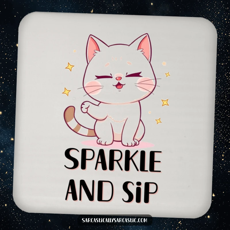 Funny drink coasters featuring a mischievous cat winking and juggling sparkly objects, adding fun to tables.