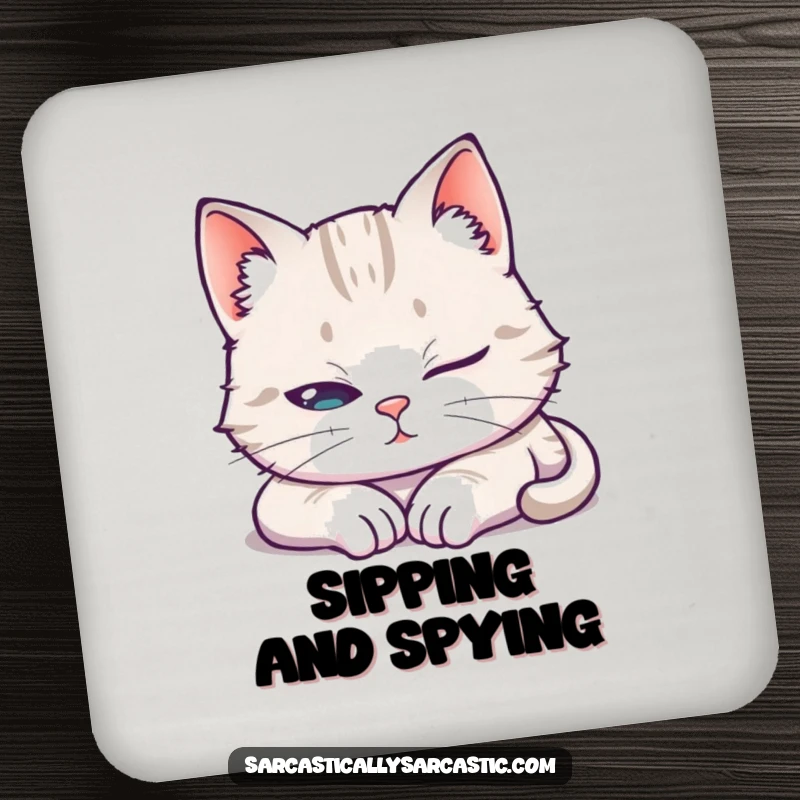 Funny Coaster Set showing a cat pretending to sleep with one eye open, offering stylish and humorous surface protection.