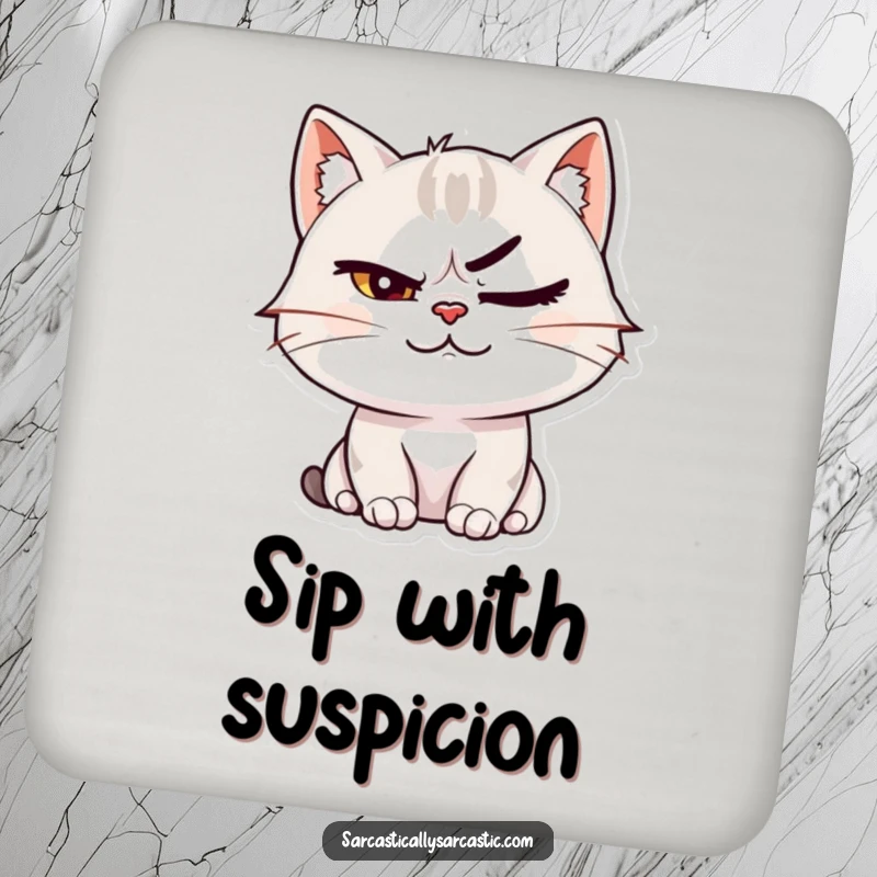 Funny cat character smirking with a raised eyebrow on a drink coaster, adding sassy feline style to protect surfaces.