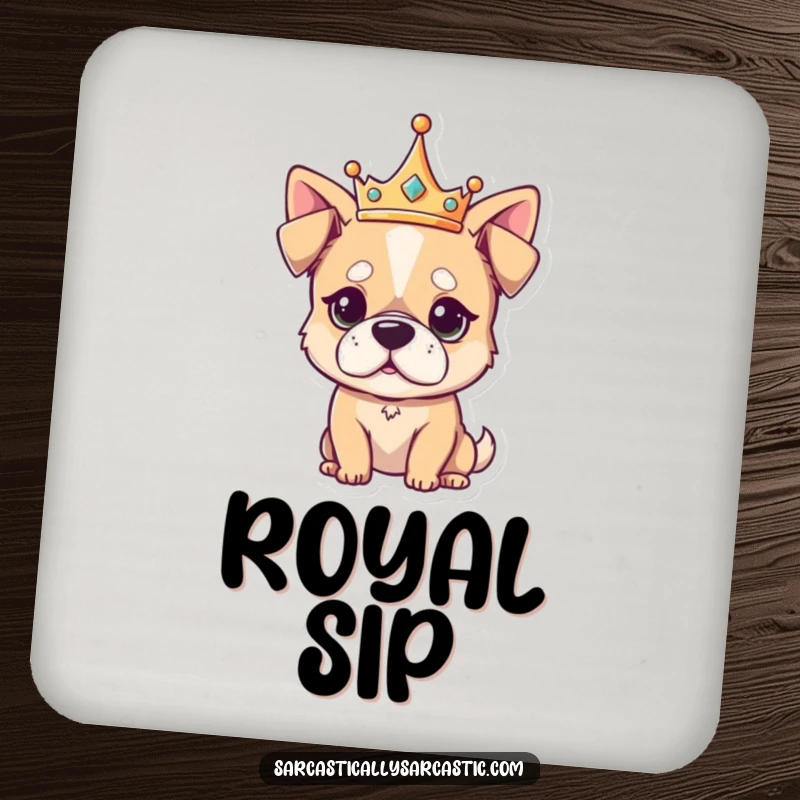 Funny Drink Coasters with a kawaii dog wearing a crown and an unimpressed look, adding regal sass and protection to surfaces.